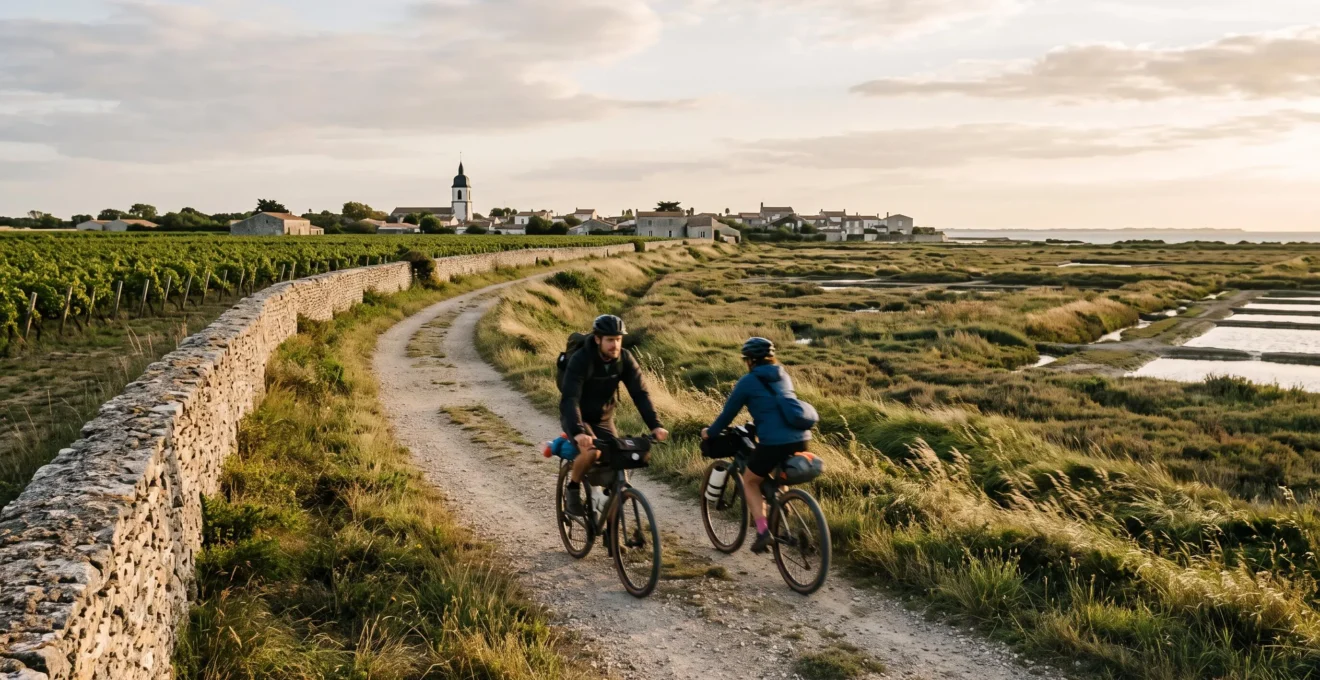 A couple cycles a coastal path between vineyards and salt marshes.