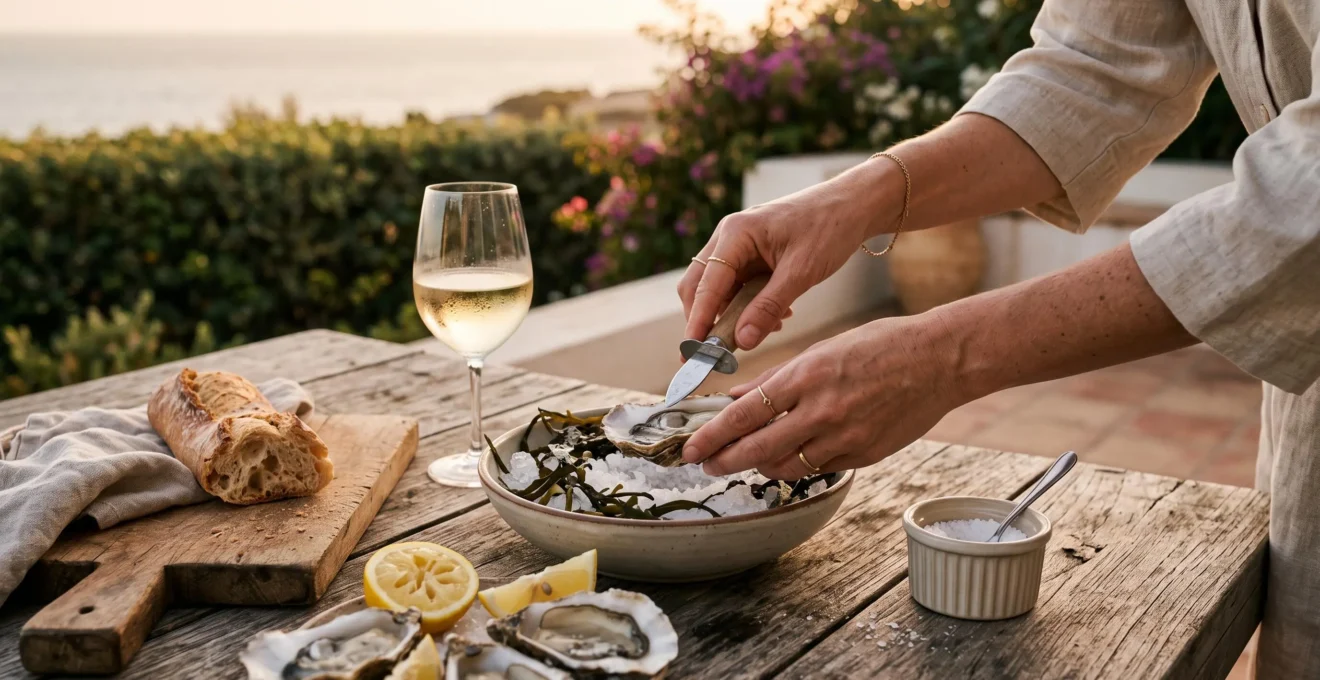 Hands arrange oysters, lemon and bread on a villa terrace table.