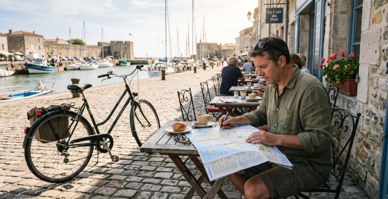 A man plans his day with a map at a village café terrace.