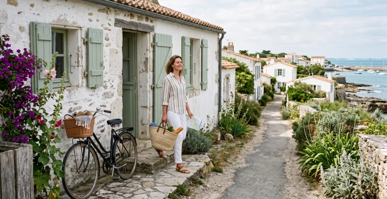A woman leaves a whitewashed villa on Île de Ré with a basket and bicycle.